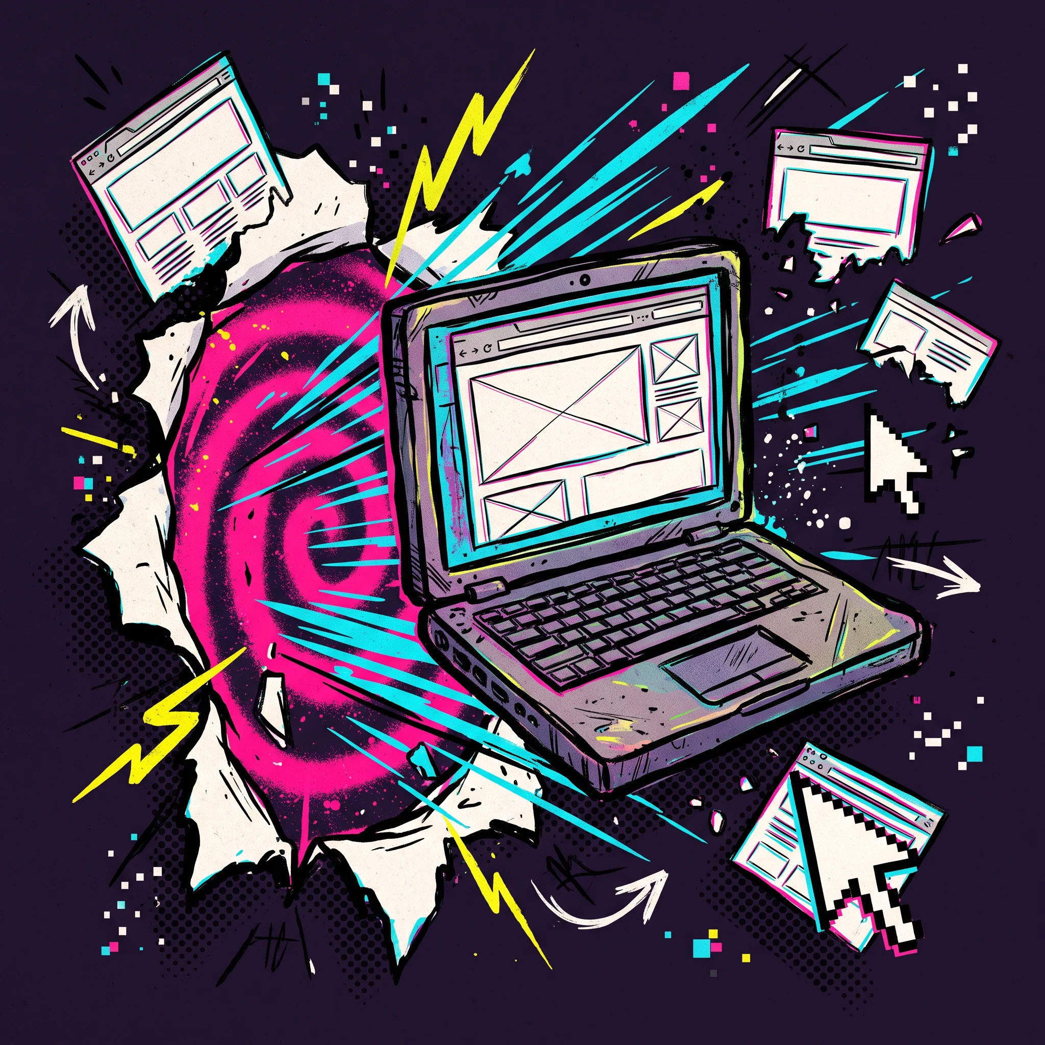 A comic-book laptop bursting through a hot-pink portal, surrounded by cyan browser fragments and hand-drawn motion lines
